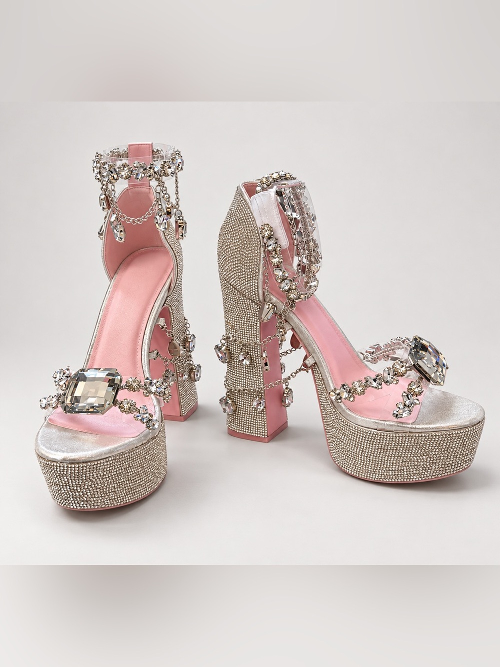 Dolls Kill Rhinestone Crystal Platform Heels Pink Silver Bling Size 9